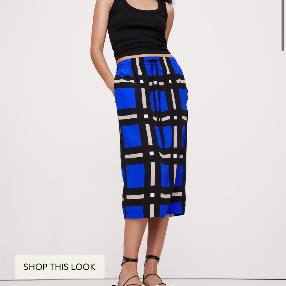 Matte Silk Midi Skirt Blue Plaid